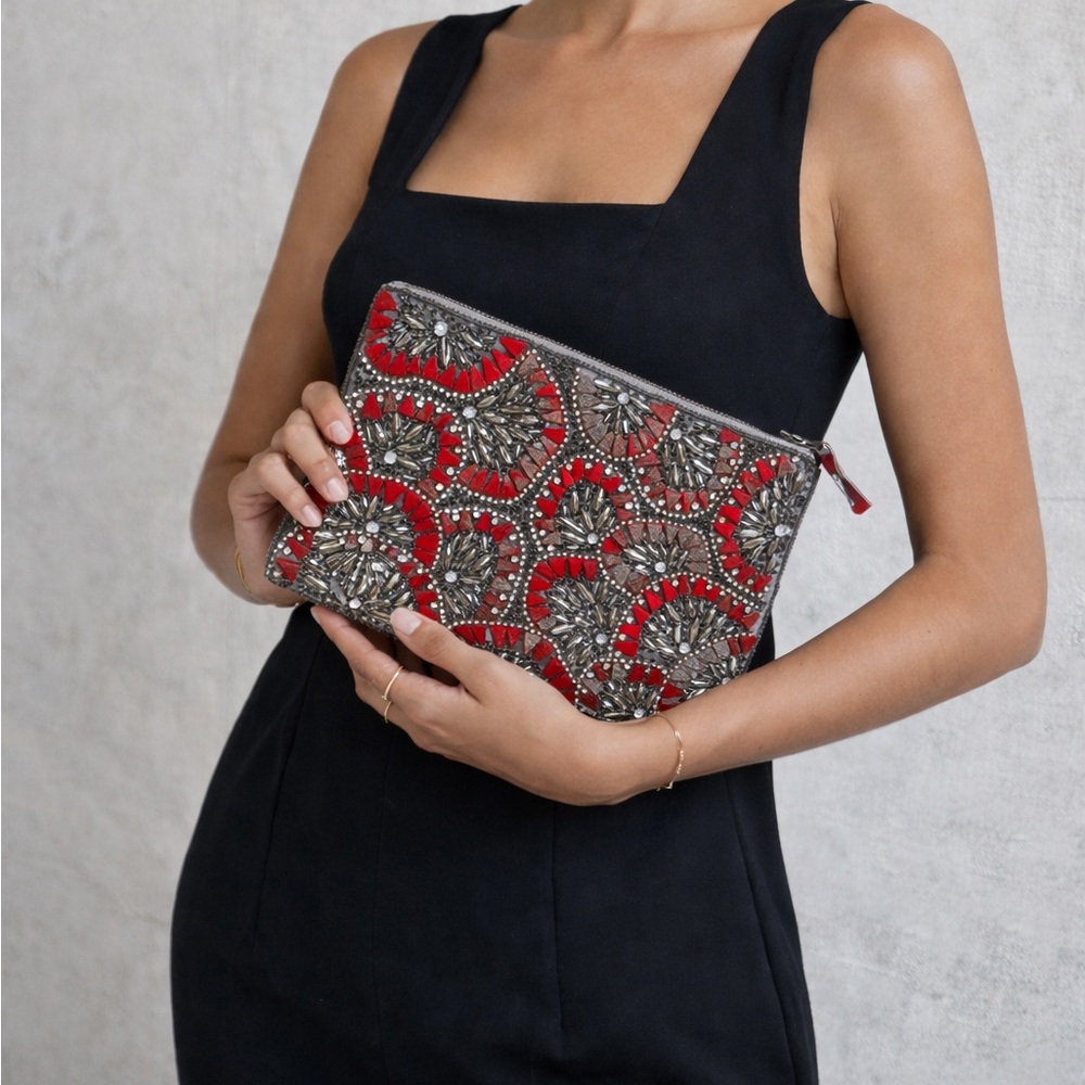 Anthropologie Red and Silver Wristlet with Chic Style